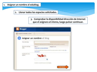 1. Asignar un nombre al edublog.
2. Llenar todos los espacios solicitados.
3. Comprobar la disponibilidad dirección de internet
que el asignara al mismo, luego pulsar continuar.
 