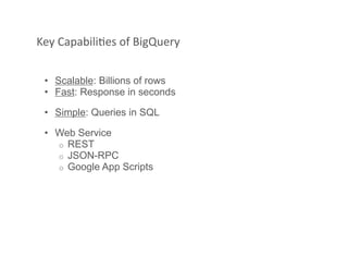 Key CapabiliAes of BigQuery 
•  Scalable: Billions of rows
•  Fast: Response in seconds
•  Simple: Queries in SQL
•  Web Service
o  REST
o  JSON-RPC
o  Google App Scripts
 