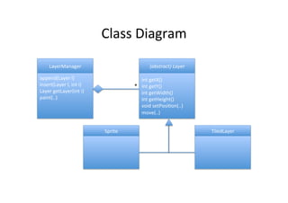 Layers	
  
•  You	
  can	
  use	
  layers	
  with	
  the	
  Game	
  canvas.	
  
•  For	
  example:	
  
–  background-­‐layer	
  (bo]om)	
  
–  car-­‐layer	
  (front	
  of	
  the	
  background)	
  
•  javax.microedition.lcdui.game.Layer

 
