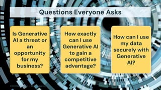 ©2023 Databricks Inc. — All rights reserved
Questions Everyone Asks
Is Generative
AI a threat or
an
opportunity
for my
business?
How exactly
can I use
Generative AI
to gain a
competitive
advantage?
How can I use
my data
securely with
Generative
AI?
 