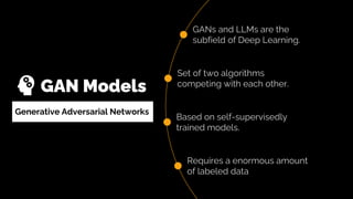 GAN Models
GANs and LLMs are the
subfield of Deep Learning.
Set of two algorithms
competing with each other.
Based on self-supervisedly
trained models.
Requires a enormous amount
of labeled data
Generative Adversarial Networks
 