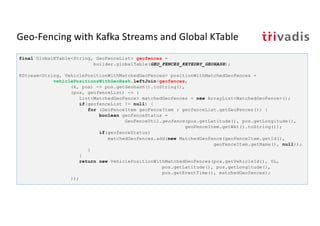 Geo-Fencing with Kafka Streams and Global KTable
final GlobalKTable<String, GeoFenceList> geofences =
builder.globalTable(GEO_FENCES_KEYEDBY_GEOHASH);
KStream<String, VehiclePositionWithMatchedGeoFences> positionWithMatchedGeoFences =
vehiclePositionsWithGeoHash.leftJoin(geofences,
(k, pos) -> pos.getGeohash().toString(),
(pos, geofenceList) -> {
List<MatchedGeoFence> matchedGeofences = new ArrayList<MatchedGeoFence>();
if(geofenceList != null) {
for (GeoFenceItem geoFenceItem : geofenceList.getGeoFences()) {
boolean geofenceStatus =
GeoFenceUtil.geofence(pos.getLatitude(), pos.getLongitude(),
geoFenceItem.getWkt().toString());
if(geofenceStatus)
matchedGeofences.add(new MatchedGeoFence(geoFenceItem.getId(),
geoFenceItem.getName(), null));
}
}
return new VehiclePositionWithMatchedGeoFences(pos.getVehicleId(), 0L,
pos.getLatitude(), pos.getLongitude(),
pos.getEventTime(), matchedGeofences);
});
 