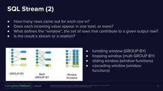 Unless otherwise indicated, these slides are © 2013-2016 Pivotal Software, Inc. and licensed under a Creative Commons
Attribution-NonCommercial license: http://creativecommons.org/licenses/by-nc/3.0/
SQL Stream (2)
33
● How many rows come out for each row in?
● Does each incoming value appear in one total, or more?
● What defines the “window”, the set of rows that contribute to a given output row?
● Is the result a stream or a relation?
● tumbling window (GROUP BY)
● hopping window (multi GROUP BY)
● sliding window (window functions)
● cascading window (window
functions)
 
