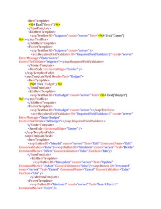 <ItemTemplate>
<%# Eval("Genre") %>
</ItemTemplate>
<EditItemTemplate>
<asp:TextBox ID="txtgenre" runat="server" Text='<%# Eval("Genre")
%>'></asp:TextBox>
</EditItemTemplate>
<FooterTemplate>
<asp:TextBox ID="txtgenre" runat="server" />
<asp:RequiredFieldValidator ID="RequiredFieldValidator2" runat="server"
ErrorMessage="Enter Genre"
ControlToValidate="txtgenre"></asp:RequiredFieldValidator>
</FooterTemplate>
<ItemStyle HorizontalAlign="Center" />
</asp:TemplateField>
<asp:TemplateField HeaderText="Budget">
<ItemTemplate>
<%# Eval("Budget") %>
</ItemTemplate>
<EditItemTemplate>
<asp:TextBox ID="txtbudget" runat="server" Text='<%# Eval("Budget")
%>'></asp:TextBox>
</EditItemTemplate>
<FooterTemplate>
<asp:TextBox ID="txtbudget" runat="server"></asp:TextBox>
<asp:RequiredFieldValidator ID="RequiredFieldValidator3" runat="server"
ErrorMessage="Enter Budget"
ControlToValidate="txtbudget"></asp:RequiredFieldValidator>
</FooterTemplate>
<ItemStyle HorizontalAlign="Center" />
</asp:TemplateField>
<asp:TemplateField>
<ItemTemplate>
<asp:Button ID="btnedit" runat="server" Text="Edit" CommandName="Edit"
CausesValidation="false"/><asp:Button ID="btndelete" runat="server" Text="Delete"
CommandName="Delete" CausesValidation="false" CssClass="btn"/>
</ItemTemplate>
<EditItemTemplate>
<asp:Button ID="btnupdate" runat="server" Text="Update"
CommandName="Update" CausesValidation="false"/><asp:Button ID="btncancel"
runat="server" Text="Cancel" CommandName="Cancel" CausesValidation="false"
CssClass="btn" />
</EditItemTemplate>
<FooterTemplate>
<asp:Button ID="btninsert" runat="server" Text="Insert Record"
CommandName="Insert" />
 