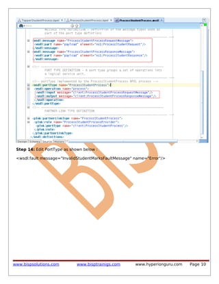 Step 14: Edit PortType as shown below :
<wsdl:fault message="InvalidStudentMarksFaultMessage" name="Error"/>

www.bispsolutions.com

www.bisptrainigs.com

www.hyperionguru.com

Page 10

 