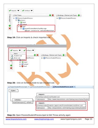 Step 19: Click on Imports & check imported xsd

Step 20: click on Schema mode to see included xsd .

Step 21: Open ProcessStudentProcess.bpel & Edit Throw activity again
www.bispsolutions.com

www.bisptrainigs.com

www.hyperionguru.com

Page 15

 