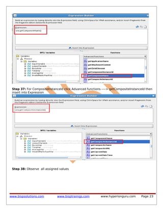 Step 37: For CompositeInstanceId click Advanced functions ----> getCompositeInstanceId then
insert into Expression

Step 38: Observe all assigned values

www.bispsolutions.com

www.bisptrainigs.com

www.hyperionguru.com

Page 23

 