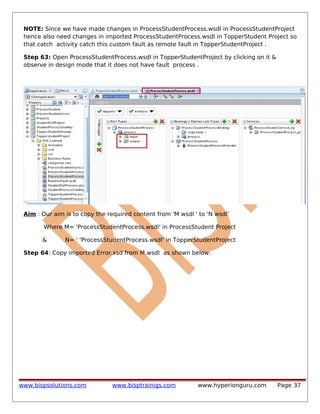 NOTE: Since we have made changes in ProcessStudentProcess.wsdl in ProcessStudentProject
hence also need changes in imported ProcessStudentProcess.wsdl in TopperStudent Project so
that catch activity catch this custom fault as remote fault in TopperStudentProject .
Step 63: Open ProcessStudentProcess.wsdl in TopperStudentProject by clicking on it &
observe in design mode that it does not have fault process .

Aim : Our aim is to copy the required content from 'M wsdl ' to 'N wsdl'
Where M= 'ProcessStudentProcess.wsdl' in ProcessStudent Project
&

N= ' 'ProcessStudentProcess.wsdl' in TopperStudentProject

Step 64: Copy imported Error.xsd from M.wsdl as shown below:

www.bispsolutions.com

www.bisptrainigs.com

www.hyperionguru.com

Page 37

 