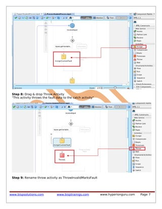 Step 8: Drag & drop Throw Activity
"This activity throws the fault data to the catch activity"

Step 9: Rename throw activity as ThrowInvalidMarksFault

www.bispsolutions.com

www.bisptrainigs.com

www.hyperionguru.com

Page 7

 