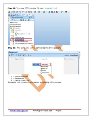 Step 10: To create BPEL Process Click on composite .xml
Step 11: This composite .xml is partitioned into three sections
1. Exposed Services
2. Components
3. External refrences
Now right click on component section and choose BPEL Process.
www.bisptrainigs.com www.hyperionguru.com Page 9
 