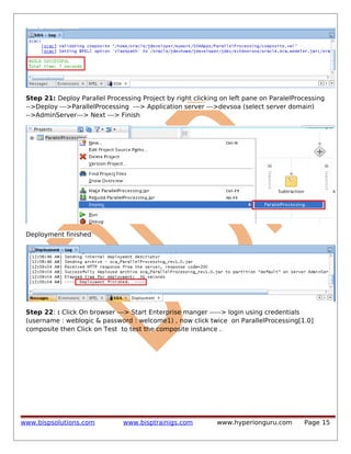 Step 21: Deploy Parallel Processing Project by right clicking on left pane on ParalelProcessing
-->Deploy --->ParallelProcessing ---> Application server --->devsoa (select server domain)
-->AdminServer---> Next ---> Finish

Deployment finished

Step 22: : Click On browser ---> Start Enterprise manger -----> login using credentials
(username : weblogic & password : welcome1) , now click twice on ParallelProcessing[1.0]
composite then Click on Test to test the composite instance .

www.bispsolutions.com

www.bisptrainigs.com

www.hyperionguru.com

Page 15

 