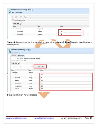 Step 24: Required output is shown below ,Now click on Launch Flow Trace to view flow trace
of composite .

Step 25: Click on ParallelProcess

www.bispsolutions.com

www.bisptrainigs.com

www.hyperionguru.com

Page 17

 