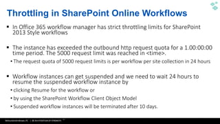 WithumSmith+Brown, PC | BE IN A POSITION OF STRENGTH
29
SM
 In Office 365 workflow manager has strict throttling limits for SharePoint
2013 Style workflows
 The instance has exceeded the outbound http request quota for a 1.00:00:00
time period. The 5000 request limit was reached in <time>.
•
 Workflow instances can get suspended and we need to wait 24 hours to
resume the suspended workflow instance by
•
•
•
Throttling in SharePoint Online Workflows
 