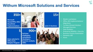 WithumSmith+Brown, PC | BE IN A POSITION OF STRENGTH
3
SM
Withum Microsoft Solutions and Services
3
• Modern workplace
• Office 365 Implementations/
Migrations
• Turnkey Intranet Solution
• Managed Services
• Data Analytics
• Enterprise Mobility + Security
• Business Process Automation
• Dynamics 365
• Azure
 