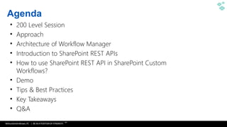 WithumSmith+Brown, PC | BE IN A POSITION OF STRENGTH
4
SM
• 200 Level Session
• Approach
• Architecture of Workflow Manager
• Introduction to SharePoint REST APIs
• How to use SharePoint REST API in SharePoint Custom
Workflows?
• Demo
• Tips & Best Practices
• Key Takeaways
• Q&A
Agenda
 