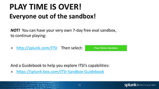 PLAY TIME IS OVER!
Everyone out of the sandbox!
52
NOT! You can have your very own 7-day free eval sandbox,
to continue playing:
● http://splunk.com/ITSI Then select:
And a Guidebook to help you explore ITSI’s capabilities:
● https://splunk.box.com/ITSI-Sandbox-Guidebook
 