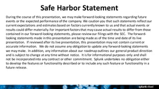 3
Safe	Harbor	Statement
During	the	course	of	this	presentation,	we	may	make	forward-looking	statements	regarding	future	
events	or	the	expected	performance	of	the	company.	We	caution	you	that	such	statements	reflect	our	
current	expectations and estimates based	on	factors	currently	known	to	us	and	that	actual	events	or	
results	could	differ	materially.	For	important	factors	that	may	cause	actual	results	to	differ	from	those	
contained	in	our	forward-looking	statements,	please	review	our	filings with	the	SEC. The	forward-
looking	statements	made	in	this	presentation	are	being	made	as	of	the	time	and	date	of	its	live	
presentation. If reviewed	after its	live	presentation, this	presentation	may	not	contain	current	or	
accurate	information. We	do	not	assume	any	obligation	to	update	any	forward-looking	statements	
we may make. In	addition,	any	information	about	our roadmap	outlines	our	general	product	direction	
and	is	subject	to	change	at	any	time	without	notice.	 It is	for	informational	purposes	only	and	shall	
not be	incorporated	into	any	contract	or	other	commitment.	 Splunk	undertakes	no	obligation	either	
to	develop	the	features	or	functionality	described or	to	include	any	such	feature	or	functionality	in	a	
future	release.
3
 