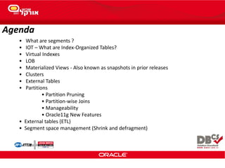Agenda
• What are segments ?
• IOT – What are Index-Organized Tables?
• Virtual Indexes
• LOB
• Materialized Views - Also known as snapshots in prior releases
• Clusters
• External Tables
• Partitions
• Partition Pruning
• Partition-wise Joins
• Manageability
• Oracle11g New Features
• External tables (ETL)
• Segment space management (Shrink and defragment)
 