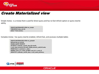 Create Materialized view
Simple mview : is a mview that is used for direct query and has no fast refresh option or query rewrite
ability
Complex mview : has query rewrite enabled, refresh fast, and accesses multiple tables
CREATE MATERIALIZED VIEW mv_simple
TABLESPACE data_sml AS
Select * from servers;
CREATE MATERIALIZED VIEW mv_prebuilt
Refresh fast on commit
ENABLE QUERY REWRITE
AS SELECT t.calendar_month_desc AS month,
c.cust_state_province AS state, SUM(s.amount_sold) AS sales
FROM times t, customers c, sales s
WHERE s.time_id = t.time_id AND s.cust_id = c.cust_id
GROUP BY t.calendar_month_desc, c.cust_state_province;
 