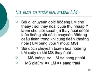 Söï dòch chuyeån doïc ñöôøng LM: Söï di chuyeån doïc ñöôøng LM cho thaáy : söï thay ñoåi cuûa thu nhaäp Y laøm cho laõi suaát ( i) thay ñoåi döôùi taùc ñoäng söï dòch chuyeån ñöôøng caàu tieàn trong khi cung tieàn khoâng ñoåi ( LM öùng vôùi 1 möùc MS) Söï dòch chuyeån toaøn boä ñöôøng LM xaûy ra khi MS thay ñoåi . MS taêng  =>  LM => sang phaûi MS giaûm  => LM => sang traùi 