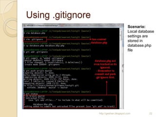 Using .gitignore
http://geshan.blogspot.com 22
Scenario:
Local database
settings are
stored in
database.php
file
 