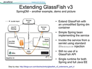 Extending GlassFish v3
         SpringDM – another example, demo and picture


                                                       ●   Extend GlassFish with
                                                           an unmodified Spring dm
                                                           container
                                                       ●   Simple Spring bean
                                                           implementing the service
                                                       ●   Invoke the service from a
                                                           servlet using standard
                                                           @Resource injection
                                                       ●   Still no use of a
                                                           GlassFish API
                                                       ●   Single runtime for both
                                                           Spring and full Java EE
Step by step: http://blogs.sun.com/dochez/entry/glassfish_v3_extensions_part_4
 