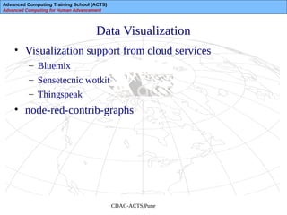 Advanced Computing Training School (ACTS)
Advanced Computing for Human Advancement
CDAC-ACTS,Pune
Data Visualization
• Visualization support from cloud services
– Bluemix
– Sensetecnic wotkit
– Thingspeak
• node-red-contrib-graphs
 