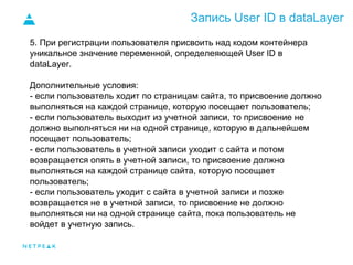 Запись User ID в dataLayer
5. При регистрации пользователя присвоить над кодом контейнера
уникальное значение переменной, определеяющей User ID в
dataLayer.
Дополнительные условия:
- если пользователь ходит по страницам сайта, то присвоение должно
выполняться на каждой странице, которую посещает пользователь;
- если пользователь выходит из учетной записи, то присвоение не
должно выполняться ни на одной странице, которую в дальнейшем
посещает пользователь;
- если пользователь в учетной записи уходит с сайта и потом
возвращается опять в учетной записи, то присвоение должно
выполняться на каждой странице сайта, которую посещает
пользователь;
- если пользователь уходит с сайта в учетной записи и позже
возвращается не в учетной записи, то присвоение не должно
выполняться ни на одной странице сайта, пока пользователь не
войдет в учетную запись.
 