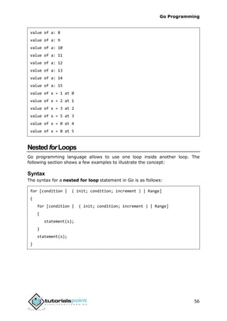 Go Programming
56
value of a: 8
value of a: 9
value of a: 10
value of a: 11
value of a: 12
value of a: 13
value of a: 14
value of a: 15
value of x = 1 at 0
value of x = 2 at 1
value of x = 3 at 2
value of x = 5 at 3
value of x = 0 at 4
value of x = 0 at 5
NestedforLoops
Go programming language allows to use one loop inside another loop. The
following section shows a few examples to illustrate the concept:
Syntax
The syntax for a nested for loop statement in Go is as follows:
for [condition | ( init; condition; increment ) | Range]
{
for [condition | ( init; condition; increment ) | Range]
{
statement(s);
}
statement(s);
}
 