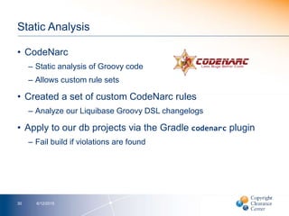 Static Analysis
• CodeNarc
– Static analysis of Groovy code
– Allows custom rule sets
• Created a set of custom CodeNarc rules
– Analyze our Liquibase Groovy DSL changelogs
• Apply to our db projects via the Gradle codenarc plugin
– Fail build if violations are found
6/12/201530
 