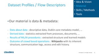 13© Cloudera, Inc. All rights reserved.
Dataset Profiles / Flow Descriptors
•Our material is data & metadata:
- Data about data : descriptive data, Dublin core metadata model, …
- Derived data : statistics extracted from processes, documents, …
- Results of ML/AI procedures : extracted structure and learned models
- Outcome of crowd based operations : Wikipedia with its inherent
structure, communication logs, access and edit history.
• Idea & Vision
• Material
• Skills / Methods
• Tools
 
