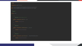 <?php
namespace AppEntity;
use TheCodingMachineGraphQLiteAnnotationsField;
use TheCodingMachineGraphQLiteAnnotationsType;
/**
* @Type()
*/
class Post
{
//…
/**
* @Field(outputType="ID")
*/
public function getId(): int
{
return $this->id;
}
/**
* @Field()
*/
public function getMessage(): string
{
return $this->message;
}
/**
* @Field()
*/
public function getCreated(): DateTimeImmutable
{
return $this->created;
}
}
 