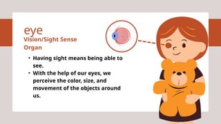 • Having sight means being able to
see.
• With the help of our eyes, we
perceive the color, size, and
movement of the objects around
us.
eye
Vision/Sight Sense
Organ
 