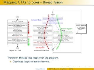 Mapping CTAs to cores - thread fusion



                             Scheduler Block




                                                                          Restore Registers




                       Barrier




                                   Spill Registers

   Original PTX Code             Transformed PTX Code




  Transform threads into loops over the program.
       Distribute loops to handle barriers.

                                   Gregory Diamos       CS264 - Dynamic Compilation   25/62
 