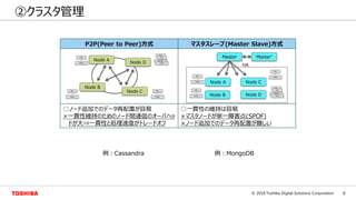 8© 2018 Toshiba Digital Solutions Corporation
②クラスタ管理
P2P(Peer to Peer)方式 マスタスレーブ(Master Slave)方式
○ノード追加でのデータ再配置が容易
×一貫性維持のためのノード間通信のオーバヘッ
ドが大⇒一貫性と処理速度がトレードオフ
○一貫性の維持は容易
×マスタノードが単一障害点(SPOF)
×ノード追加でのデータ再配置が難しい
Node A
Node B
Node C
Node D
Node A
Node B
Node C
Node D
Master Master’
HA
例：MongoDB例：Cassandra
 