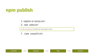 npm publish
Scaffold Develop Test Publish
1. register at npmjs.com
2. npm adduser
7. (npm unpublish)
 
