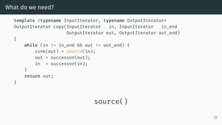 What do we need?
template <typename InputIterator, typename OutputIterator>
OutputIterator copy(InputIterator in, InputIterator in_end
OutputIterator out, OutputIterator out_end)
{
while (in != in_end && out != out_end) {
sink(out) = source(in);
out = successor(out);
in = successor(in);
}
return out;
}
source()
33
 