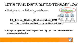 LET’S TRAIN DISTRIBUTED TENSORFLOW
§ Navigate to the following notebook:
05_Train_Model_Distributed_CPU
or 05a_Train_Model_Distributed_GPU
§ https://github.com/PipelineAI/pipeline/tree/master/
gpu.ml/notebooks
 