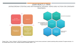 (ISAR-REACT) 5 TRIAL
(INTRACORONAY STENTING AND ANTITROMBOTIC RÉGIMEN- RAPID EARLY ACTION FOR CORONARY
TREATMENT)
Px. 4,018.
SCASEST/ SCACEST
PLAN: ICP
PRASUGREL VS
TICAGRELOR
PRASUGREL REDUCE
TASA MUERTE, IM O
EVC (6,9 VX 9.3%.
P=0,006).
SIN
COMPLICACONES
HEMORRAGICAS.
TICAGRELOR MAS EFECTOS SECUNDARIOS
PRASUGREL
DEBE CONSIDERARSE EL INH
DEL RECPT. P2Y12 DE
ELECCION EN PX CON
SCASEST PARA ICP.
BENEFICIO VS
TICAGRELOR Y
CLOPIDOGREL
MEJOR FUNCION
ENDOTELIAL.
Philippe Collet J, Thiele H, Barbato E. 2020 ESC Guidelines for themanagement of acute coronary syndromes in patients presenting without persistent ST-segment elevation. 1st
ed. European Heart Journal. Fracia.: European Society of Cardiology; 2020. p. 1-79.
 