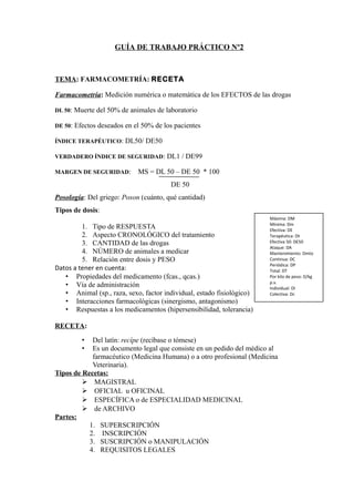 GUÍA DE TRABAJO PRÁCTICO Nº2
TEMA: FARMACOMETRÍA: RECETA
Farmacometría: Medición numérica o matemática de los EFECTOS de las drogas
DL 50: Muerte del 50% de animales de laboratorio
DE 50: Efectos deseados en el 50% de los pacientes
ÍNDICE TERAPÉUTICO: DL50/ DE50
VERDADERO ÍNDICE DE SEGURIDAD: DL1 / DE99
MARGEN DE SEGURIDAD: MS = DL 50 – DE 50 * 100
DE 50
Posología: Del griego: Poson (cuánto, qué cantidad)
Tipos de dosis:
1. Tipo de RESPUESTA
2. Aspecto CRONOLÓGICO del tratamiento
3. CANTIDAD de las drogas
4. NÚMERO de animales a medicar
5. Relación entre dosis y PESO
Datos a tener en cuenta:
• Propiedades del medicamento (fcas., qcas.)
• Vía de administración
• Animal (sp., raza, sexo, factor individual, estado fisiológico)
• Interacciones farmacológicas (sinergismo, antagonismo)
• Respuestas a los medicamentos (hipersensibilidad, tolerancia)
RECETA:
• Del latín: recípe (recíbase o tómese)
• Es un documento legal que consiste en un pedido del médico al
farmacéutico (Medicina Humana) o a otro profesional (Medicina
Veterinaria).
Tipos de Recetas:
 MAGISTRAL
 OFICIAL u OFICINAL
 ESPECÍFICA o de ESPECIALIDAD MEDICINAL
 de ARCHIVO
Partes:
1. SUPERSCRIPCIÓN
2. INSCRIPCIÓN
3. SUSCRIPCIÓN o MANIPULACIÓN
4. REQUISITOS LEGALES
Máxima: DM
Mínima: Dm
Efectiva: DE
Terapéutica: Dt
Efectiva 50: DE50
Ataque: DA
Mantenimiento: Dmto
Continua: DC
Periódica: DP
Total: DT
Por kilo de peso: D/kg
p.v.
Individual: DI
Colectiva: Dc
 