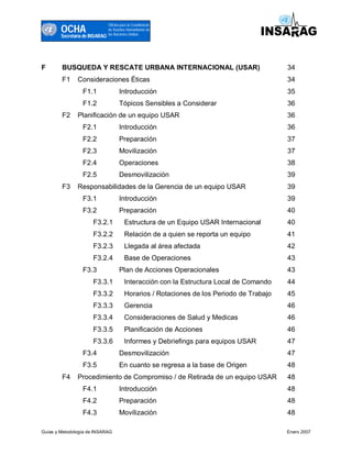 OCHA
                                Oficina para la Coordinacón
                                de Asuntos Humanitarios de
                                las Naciones Unidas
        Secretaría de INSARAG




F       BUSQUEDA Y RESCATE URBANA INTERNACIONAL (USAR)                                      34
        F1     Consideraciones Éticas                                                       34
                  F1.1                 Introducción                                         35
                  F1.2                 Tópicos Sensibles a Considerar                       36
        F2     Planificación de un equipo USAR                                              36
                  F2.1                 Introducción                                         36
                  F2.2                 Preparación                                          37
                  F2.3                 Movilización                                         37
                  F2.4                 Operaciones                                          38
                  F2.5                 Desmovilización                                      39
        F3     Responsabilidades de la Gerencia de un equipo USAR                           39
                  F3.1                 Introducción                                         39
                  F3.2                 Preparación                                          40
                      F3.2.1              Estructura de un Equipo USAR Internacional        40
                      F3.2.2              Relación de a quien se reporta un equipo          41
                      F3.2.3              Llegada al área afectada                          42
                      F3.2.4              Base de Operaciones                               43
                  F3.3                 Plan de Acciones Operacionales                       43
                      F3.3.1              Interacción con la Estructura Local de Comando    44
                      F3.3.2              Horarios / Rotaciones de los Periodo de Trabajo   45
                      F3.3.3              Gerencia                                          46
                      F3.3.4              Consideraciones de Salud y Medicas                46
                      F3.3.5              Planificación de Acciones                         46
                      F3.3.6              Informes y Debriefings para equipos USAR          47
                  F3.4                 Desmovilización                                      47
                  F3.5                 En cuanto se regresa a la base de Origen             48
        F4     Procedimiento de Compromiso / de Retirada de un equipo USAR                  48
                  F4.1                 Introducción                                         48
                  F4.2                 Preparación                                          48
                  F4.3                 Movilización                                         48

Guías y Metodología de INSARAG                                                              Enero 2007
 