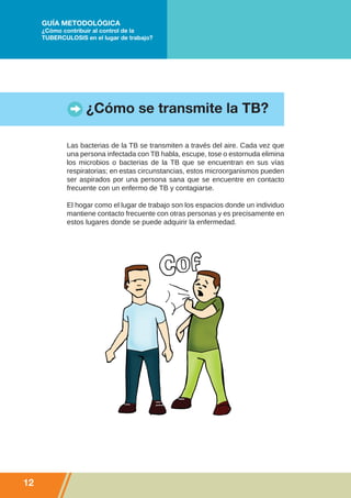GUÍA METODOLÓGICA
     ¿Cómo contribuir al control de la
     TUBERCULOSIS en el lugar de trabajo?




                   ¿Cómo se transmite la TB?

             Las bacterias de la TB se transmiten a través del aire. Cada vez que
             una persona infectada con TB habla, escupe, tose o estornuda elimina
             los microbios o bacterias de la TB que se encuentran en sus vías
             respiratorias; en estas circunstancias, estos microorganismos pueden
             ser aspirados por una persona sana que se encuentre en contacto
             frecuente con un enfermo de TB y contagiarse.

             El hogar como el lugar de trabajo son los espacios donde un individuo
             mantiene contacto frecuente con otras personas y es precisamente en
             estos lugares donde se puede adquirir la enfermedad.




12
 