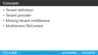 @ITCAMPRO #ITCAMP18Community Conference for IT Professionals
• Tenant definition
• Tenant provider
• Missing tenant middleware
• Multitenant DbContext
Concepts
 