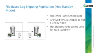 File Based Log Shipping Replication (Hot Standby
Mode)

Confidential information, for internal use only

• Uses WAL (Write Ahead Log)
• Archived WAL is shipped to Hot
Standby Node
• Hot Standby node can be used
for read scalability

4

 