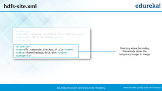 www.edureka.co/big-data-and-hadoopEDUREKA HADOOP CERTIFICATION TRAINING
hdfs-site.xml
Directory where Secondary
NameNode stores the
temporary images to merge
 