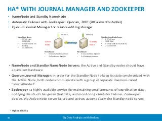 HA* WITH JOURNAL MANAGER AND ZOOKEEPER 
• NameNode and Standby NameNode 
• Automatic Failover with Zookeeper : Quorum, ZKFC (ZKFailoverController) 
• Quorum Journal Manager for reliable edit log storage 
Network Network 
Standby 
Node 
Active 
Node 
NameNode Server 
• 2 CPU 6 core 
• 96GB RAM 
• 6 x HDD 600GB 15K 
(Raid10) 
• 2 x 1GbE Ports 
• NameNode and Standby NameNode Servers: the Active and Standby nodes should have 
equivalent hardware 
• Quorum Journal Manager: In order for the Standby Node to keep its state synchronized with 
the Active Node, both nodes communicate with a group of separate daemons called 
"JournalNodes" 
• Zookeeper : a highly available service for maintaining small amounts of coordination data, 
notifying clients of changes in that data, and monitoring clients for failures. Zookeeper 
detects the Active node server failure and actives automatically the Standby node server. 
* High Availability 
45 Big Data Analytics with Hadoop 
Standby NameNode Server 
• 2 CPU 6 core 
• 96GB RAM 
• 6 x HDD 600GB 15K (Raid10) 
• 2 x 1GbE Ports 
HA Software 
• 3 x JournalNode daemons 
• 3 x Zookeeper daemon 
HA Software 
• 3 x JournalNode daemon 
• 3 x Zookeeper daemon 
 