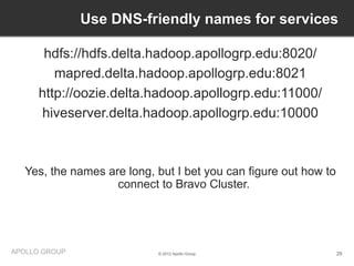 Use DNS-friendly names for services

       hdfs://hdfs.delta.hadoop.apollogrp.edu:8020/
         mapred.delta.hadoop.apollogrp.edu:8021
      http://oozie.delta.hadoop.apollogrp.edu:11000/
      hiveserver.delta.hadoop.apollogrp.edu:10000



   Yes, the names are long, but I bet you can figure out how to
                    connect to Bravo Cluster.




APOLLO GROUP                © 2012 Apollo Group                   29
 