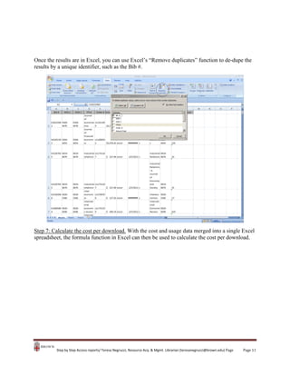 Once the results are in Excel, you can use Excel’s “Remove duplicates” function to de-dupe the
results by a unique identifier, such as the Bib #.

Step 7: Calculate the cost per download. With the cost and usage data merged into a single Excel
spreadsheet, the formula function in Excel can then be used to calculate the cost per download.

Step by Step Access reports/ Teresa Negrucci, Resource Acq. & Mgmt. Librarian (teresanegrucci@brown.edu) Page

Page 11

 