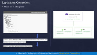  Makes use of label queries
Replication Controllers
 Hands On Kubernetes/Objects and Workloads/Replication Controllers/1
 