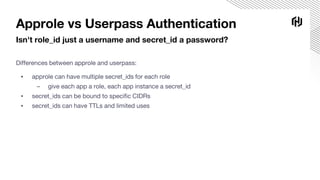 Approle vs Userpass Authentication
Isn't role_id just a username and secret_id a password?
Differences between approle and userpass:
▪ approle can have multiple secret_ids for each role
– give each app a role, each app instance a secret_id
▪ secret_ids can be bound to specific CIDRs
▪ secret_ids can have TTLs and limited uses
 
